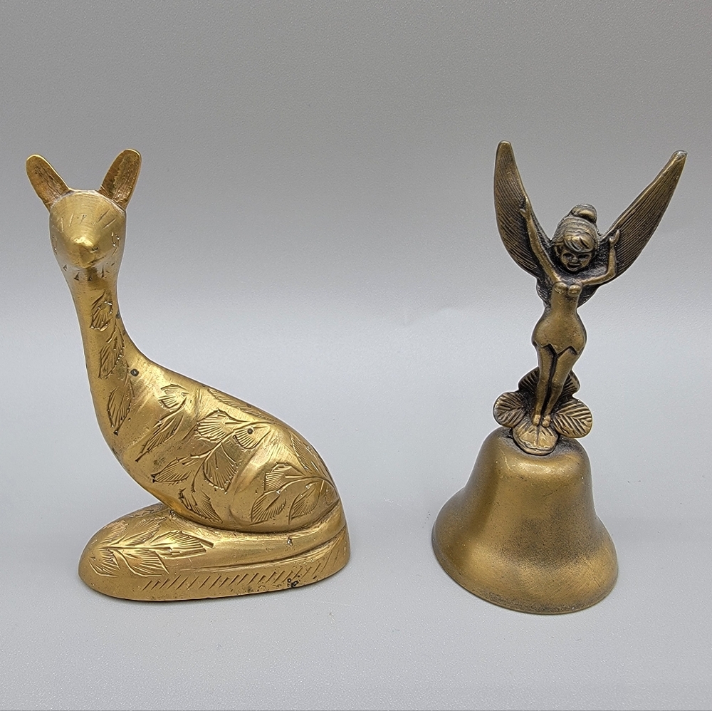 Vintage Brass Disneyland Deer Solid Figurine & Tinkerbell Bell Lot